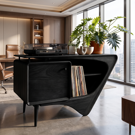Valenridge Sculpted Solid Wood Record Player Stand Black - Timberustic Record Player Stand With Storage