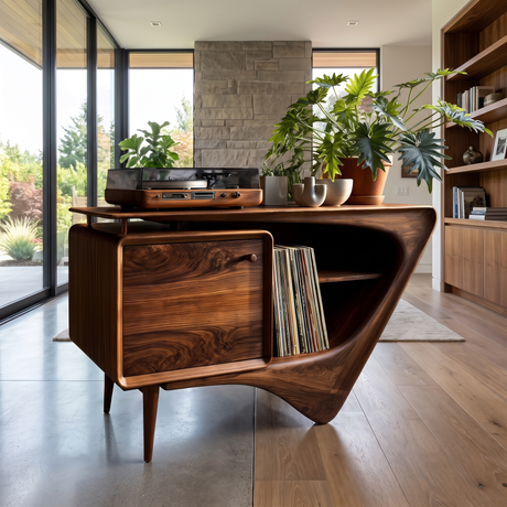 Valenridge Sculpted Solid Wood Record Player Stand Dark Walnut - Timberustic Record Player Stand With Storage