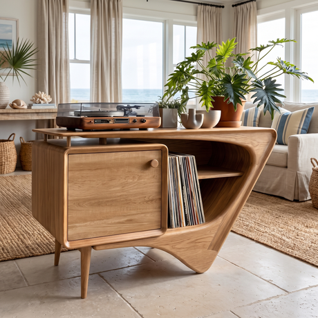 Valenridge Sculpted Solid Wood Record Player Stand Natural Oak - Timberustic Record Player Stand With Storage