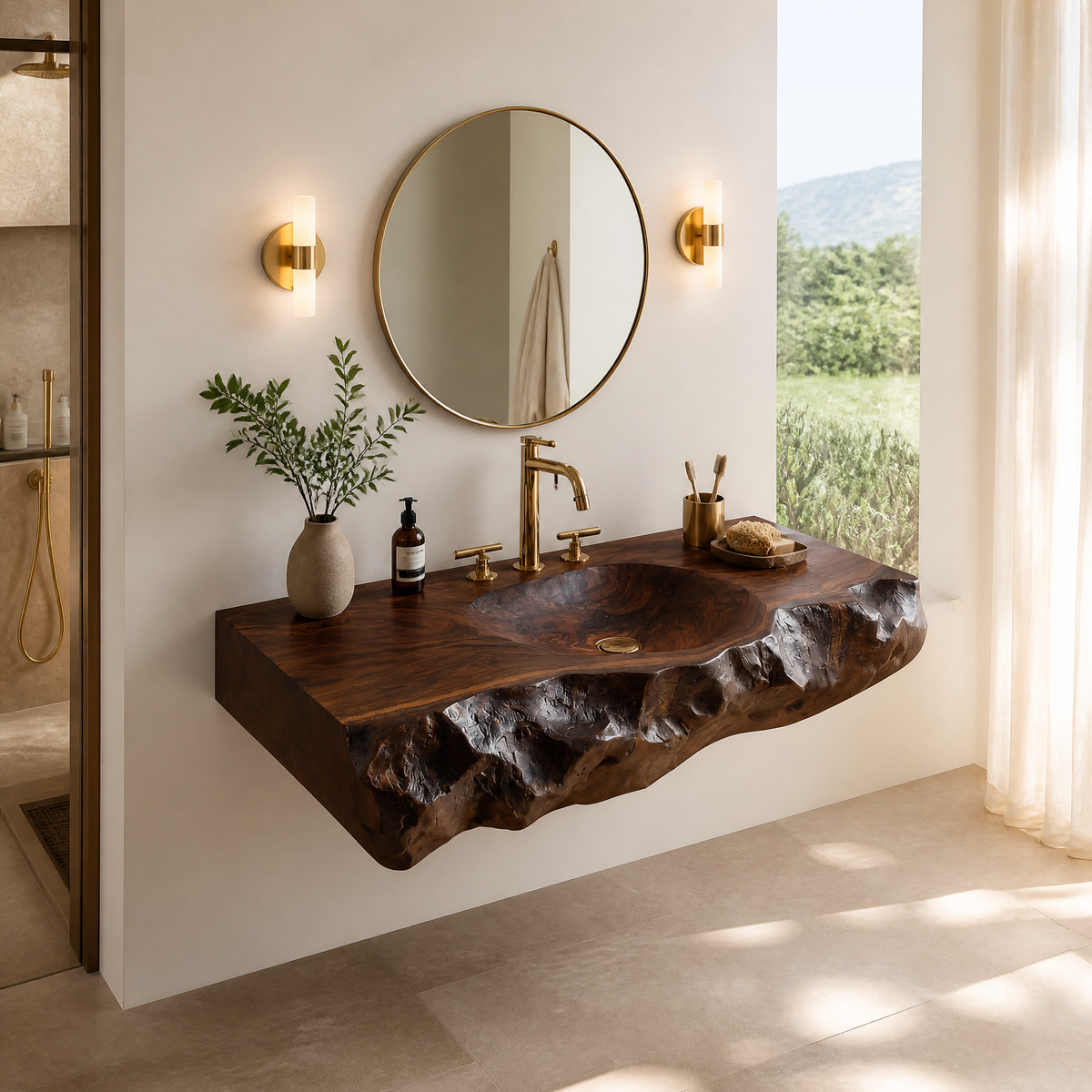 Valthera Live Edge Solid Wood Floating Bathroom Vanity with Integrated Sink SPA235756 Dark Walnut - Timberustic Floating Bathroom Vanity with Integrated Sink
