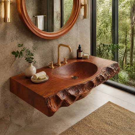 Valthera Live Edge Solid Wood Floating Bathroom Vanity with Integrated Sink SPA235756 Mahogany - Timberustic Floating Bathroom Vanity with Integrated Sink