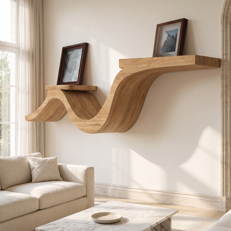 Valthera Sculpted Solid Wood Floating Shelf — Natural Oak