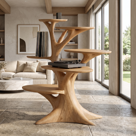 Veradorn Handcrafted Solid Wood Record Player Stand Natural Oak - Timberustic Record Player Stand With Storage