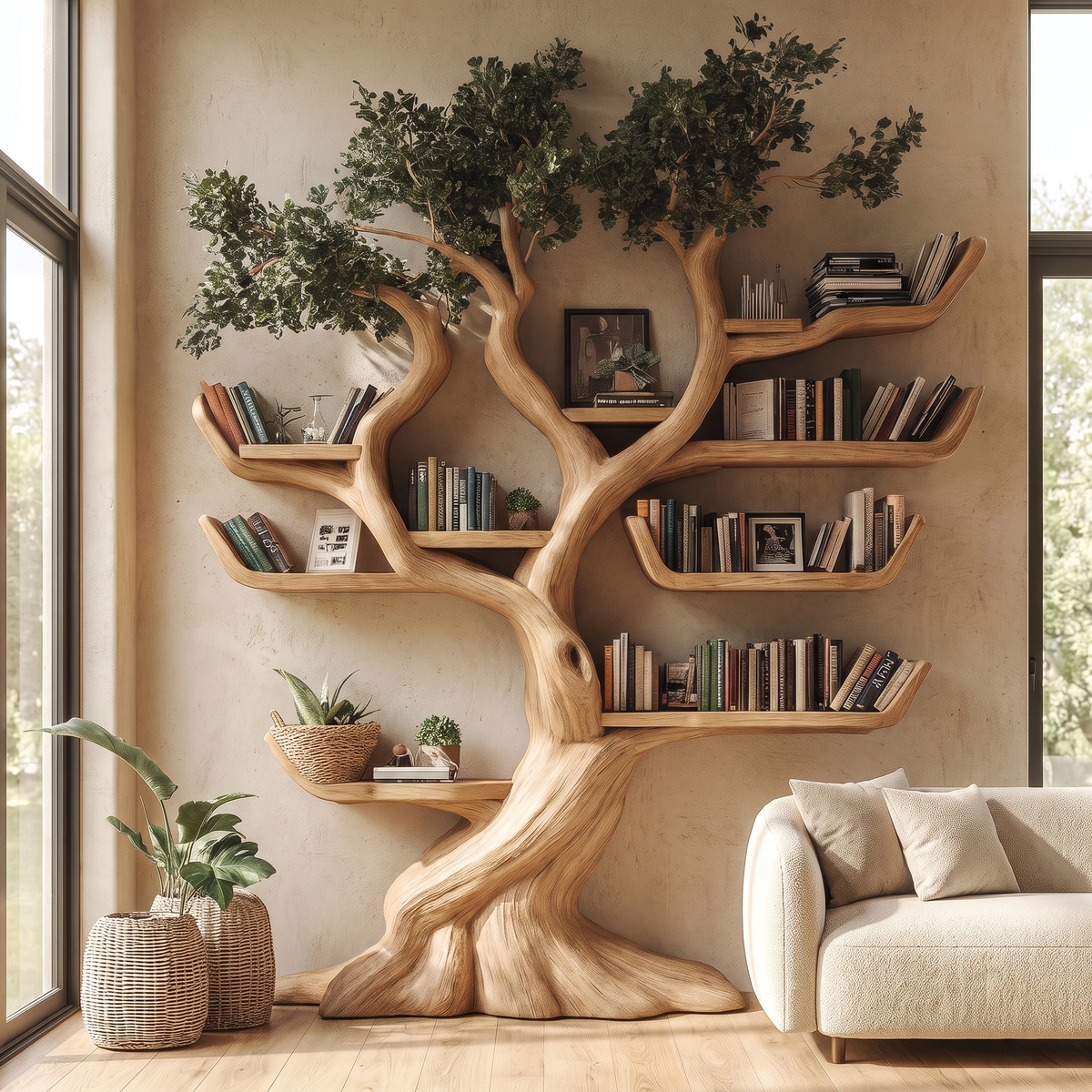 Verdantris Sculpted Solid Wood Tree Bookshelf Natural Oak - Timberustic Tree Bookshelf