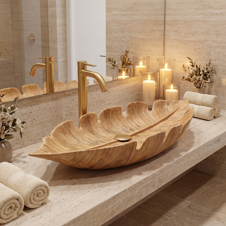 Virelith Handcrafted Solid Wood Leaf Vessel Sink Natural Oak - Timberustic Vessel Sinks