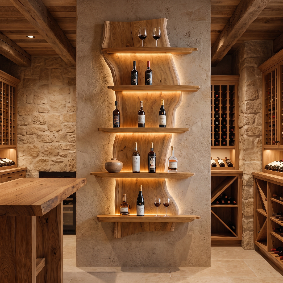 Virellan Live Edge Solid Wood Floating Wine Shelf SPA923892 Teak - Timberustic Floating Wine Shelf
