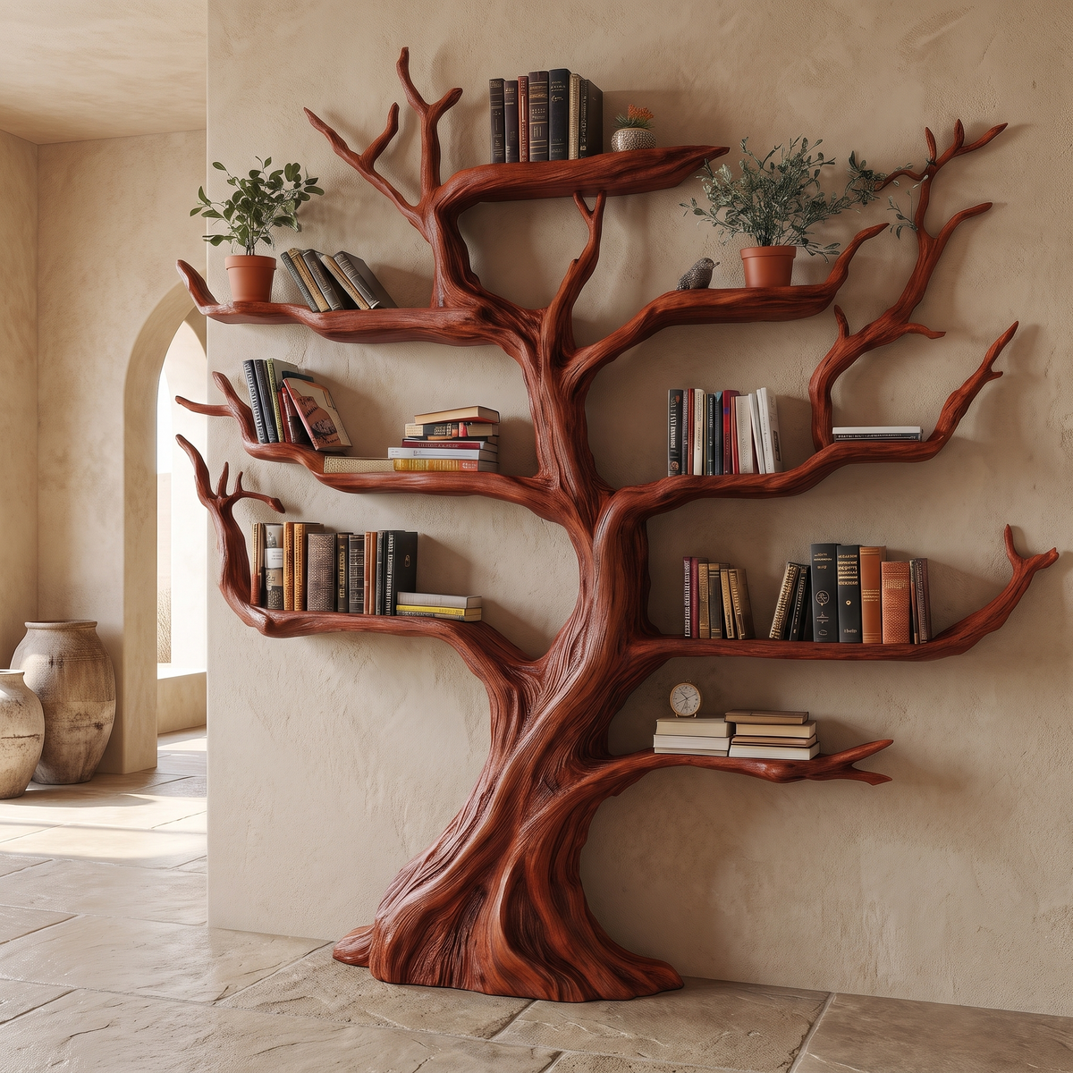 Virelthorn Sculpted Solid Wood Tree Bookshelf Mahogany - Timberustic Tree Bookshelf