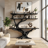 Vireon Sculpted Solid Wood Console Table with Shelves Black - Timberustic Console Table with Shelves