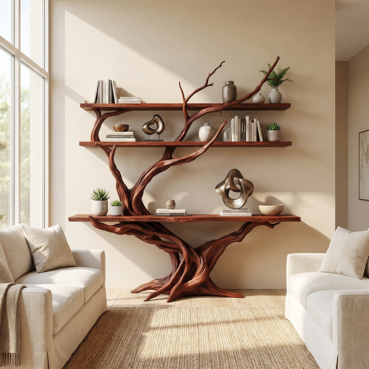 Vireon Sculpted Solid Wood Console Table with Shelves Mahogany - Timberustic Console Table with Shelves