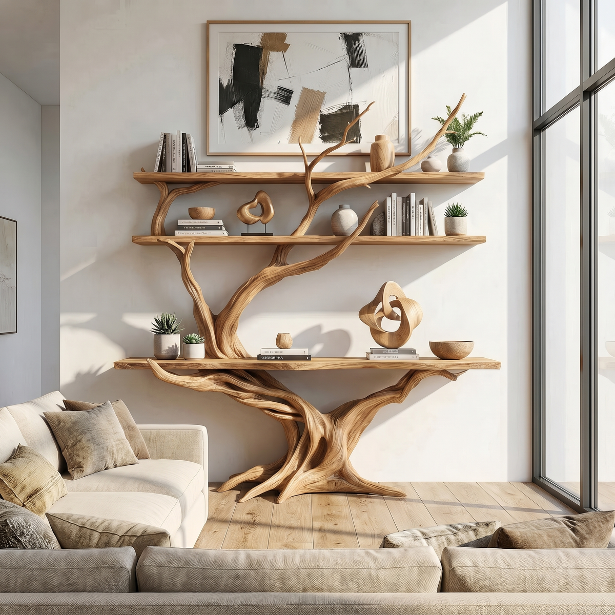 Vireon Sculpted Solid Wood Console Table with Shelves Natural Oak - Timberustic Console Table with Shelves