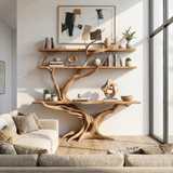 Vireon Sculpted Solid Wood Console Table with Shelves Natural Oak - Timberustic Console Table with Shelves