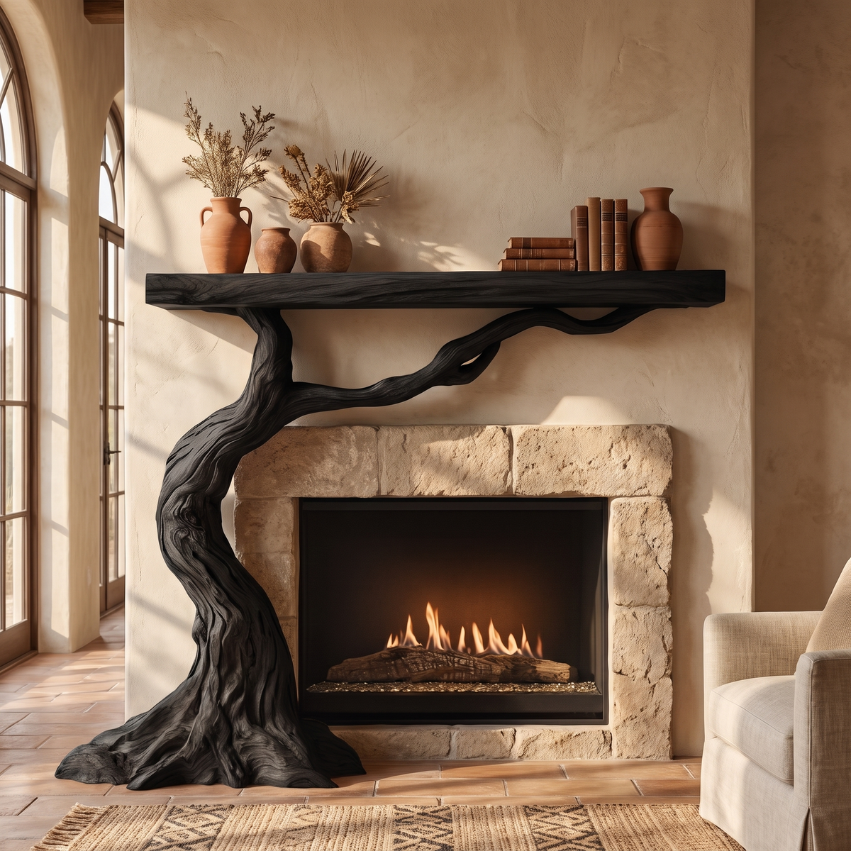 Wildercrest Sculpted Solid Wood Tree-Shaped Fireplace Mantel with Display Shelves Black - Timberustic Tree-Shaped Fireplace Mantel with Display Shelves