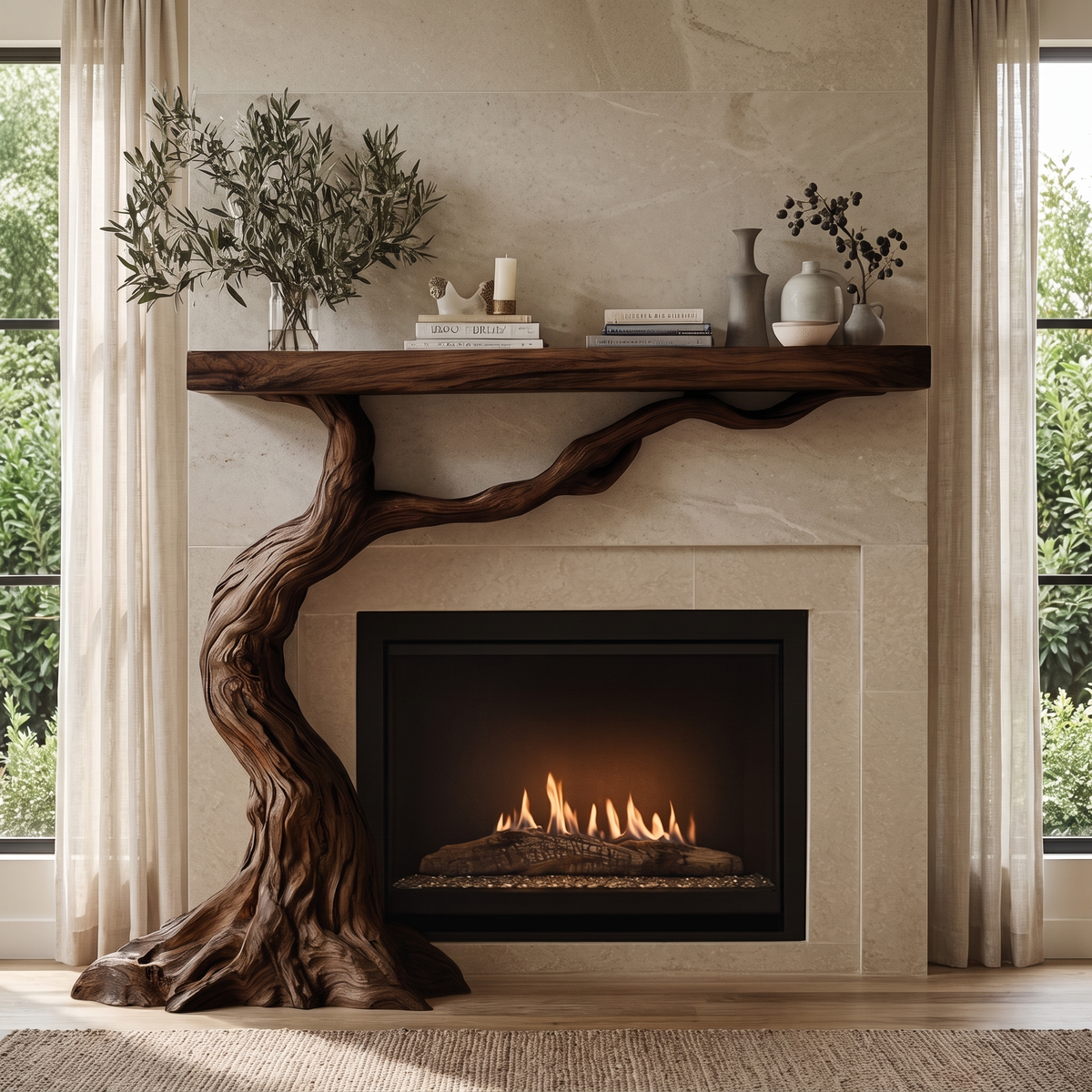 Wildercrest Sculpted Solid Wood Tree-Shaped Fireplace Mantel with Display Shelves Dark Walnut - Timberustic Tree-Shaped Fireplace Mantel with Display Shelves