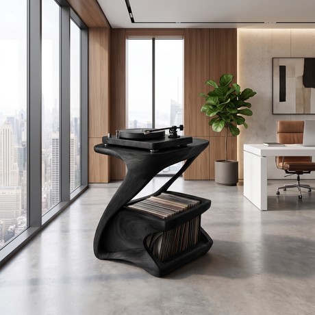 Zephora Sculpted Solid Wood Record Player Stand Black - Timberustic Record Player Stand With Storage