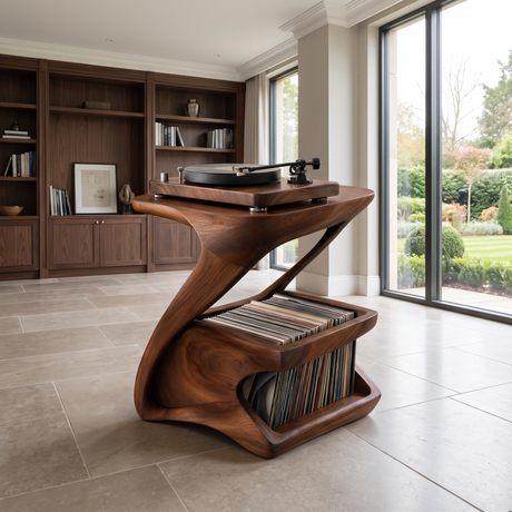 Zephora Sculpted Solid Wood Record Player Stand Dark Walnut - Timberustic Record Player Stand With Storage