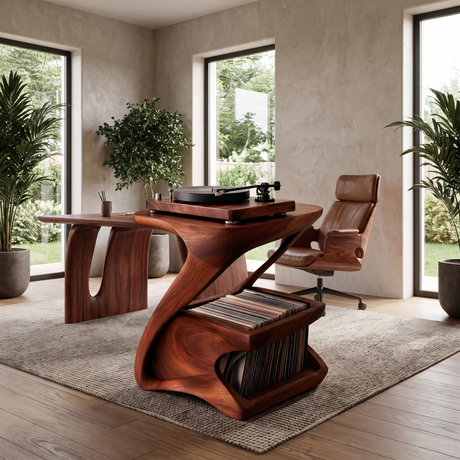 Zephora Sculpted Solid Wood Record Player Stand Mahogany - Timberustic Record Player Stand With Storage