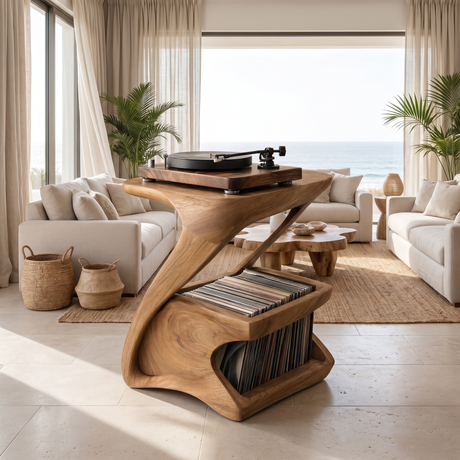 Zephora Sculpted Solid Wood Record Player Stand Natural Oak - Timberustic Record Player Stand With Storage
