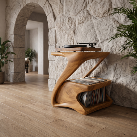 Zephora Sculpted Solid Wood Record Player Stand Teak - Timberustic Record Player Stand With Storage