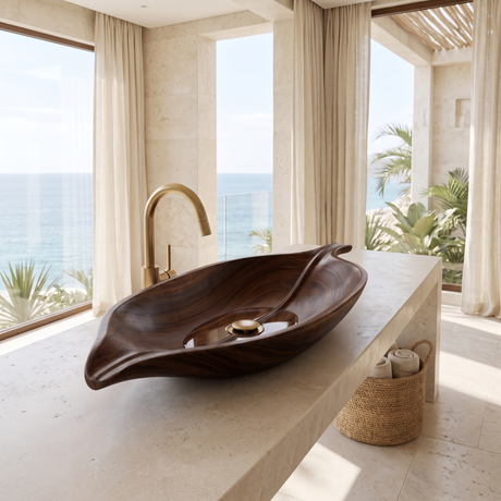 Zephyra Handcrafted Solid Wood Leaf Vessel Sink Dark Walnut - Timberustic Vessel Sinks
