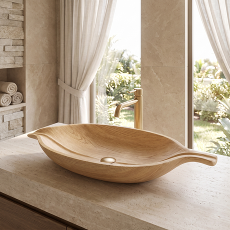 Zephyra Handcrafted Solid Wood Leaf Vessel Sink Natural Oak - Timberustic Vessel Sinks