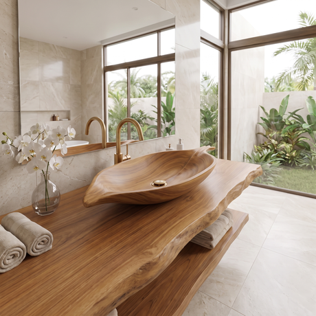 Zephyra Handcrafted Solid Wood Leaf Vessel Sink Teak - Timberustic Vessel Sinks