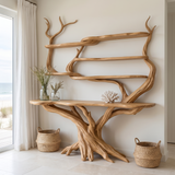 Zerith Sculpted Solid Wood Console Table with Shelves Natural Oak - Timberustic Console Table with Shelves