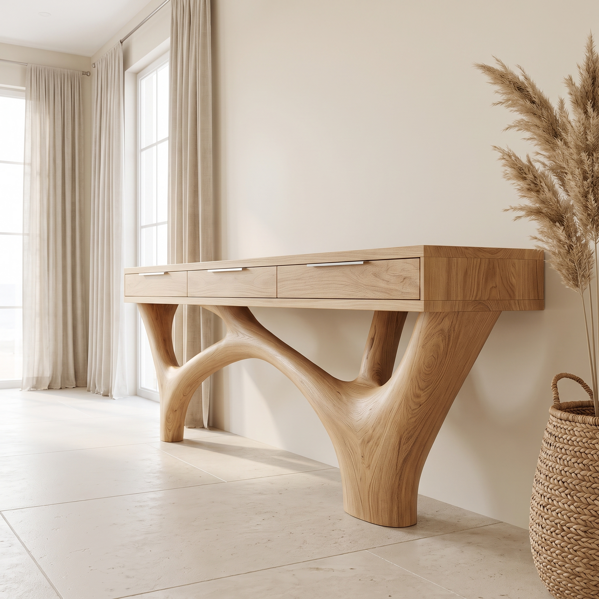 Zorvane Solid Wood Sculpted Console Table Natural Oak - Timberustic Console Table