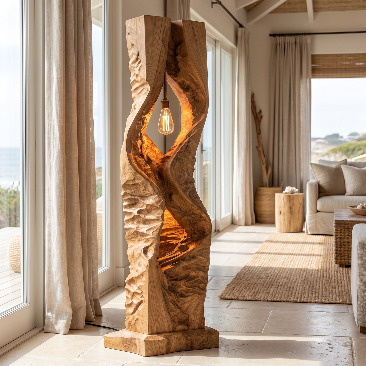 Zorveth Sculpted Solid Wood Floor Lamp Natural Oak - Timberustic Floor Lamp