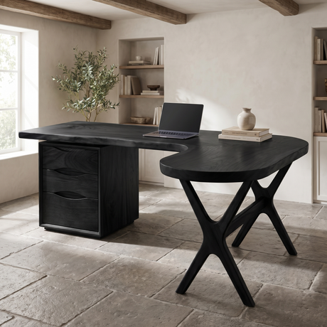 Aelarell Curved Return Handcrafted Desk With Drawers Black - Timberustic Desk With Drawers