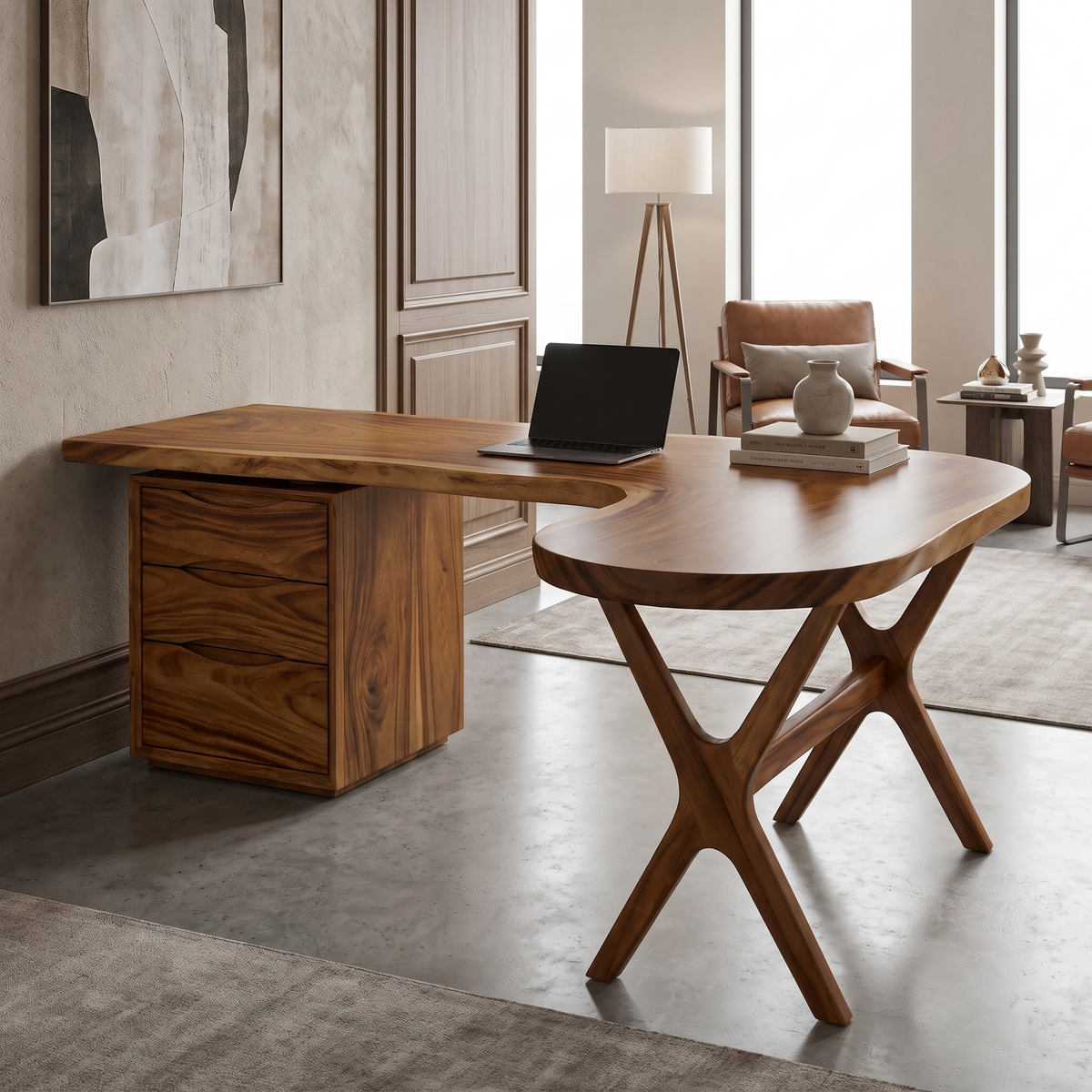 Aelarell Curved Return Handcrafted Desk With Drawers Brown - Timberustic Desk With Drawers