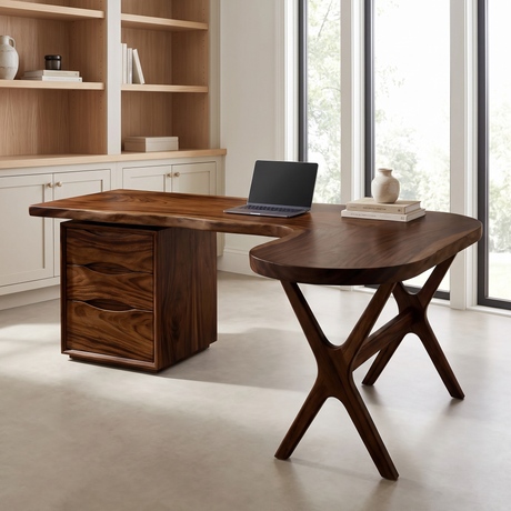 Aelarell Curved Return Handcrafted Desk With Drawers Dark Walnut - Timberustic Desk With Drawers