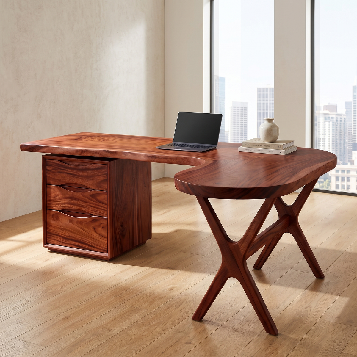 Aelarell Curved Return Handcrafted Desk With Drawers Mahogany - Timberustic Desk With Drawers