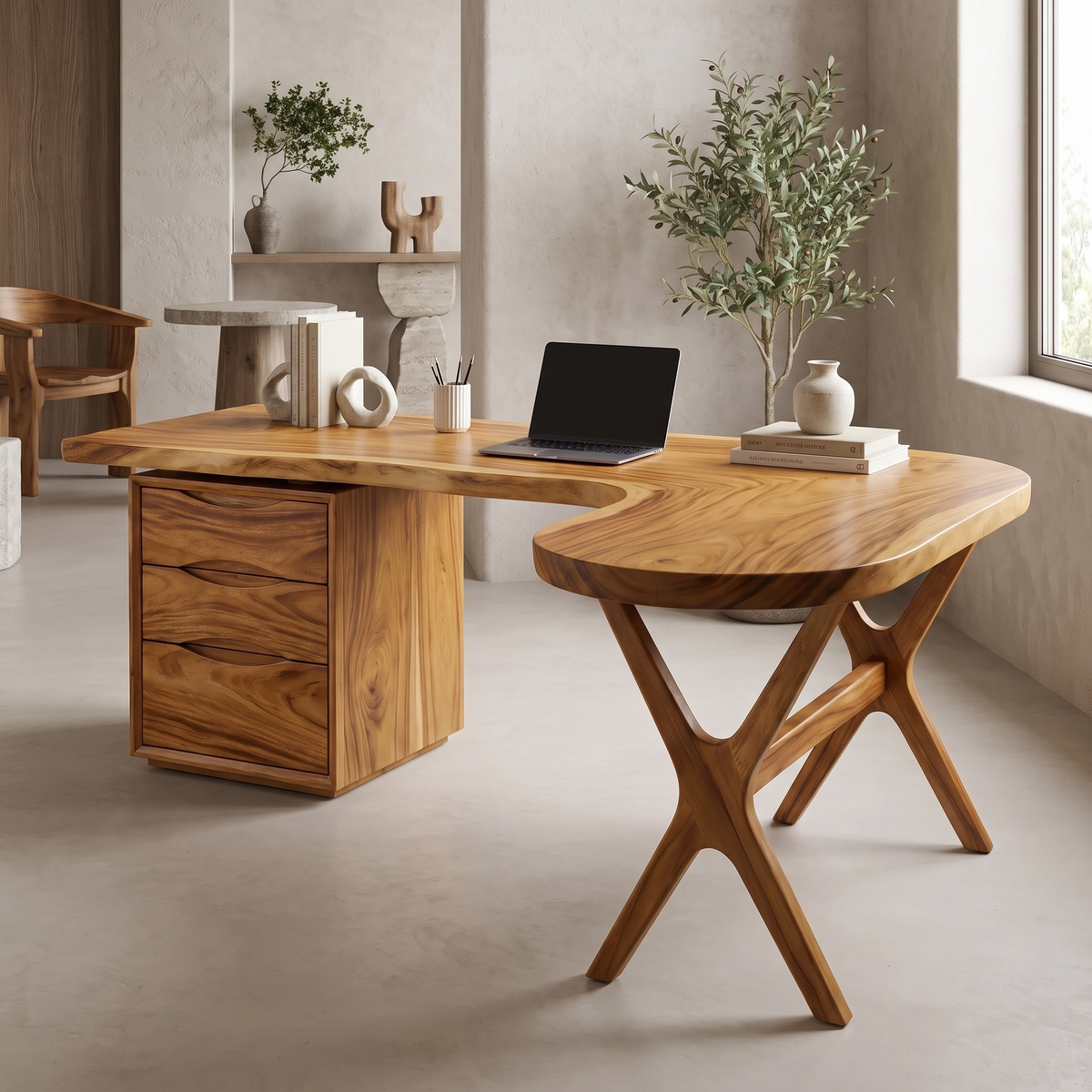 Aelarell Curved Return Handcrafted Desk With Drawers Teak - Timberustic Desk With Drawers