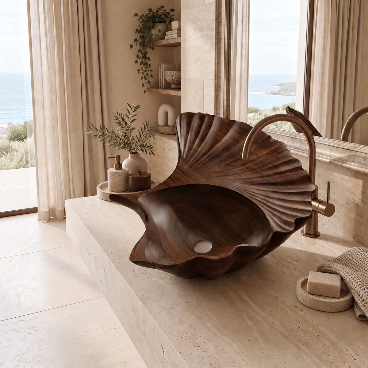 Aelarien Sculpted Fan Shell Handcrafted Vessel Sinks Dark Walnut - Timberustic Vessel Sinks