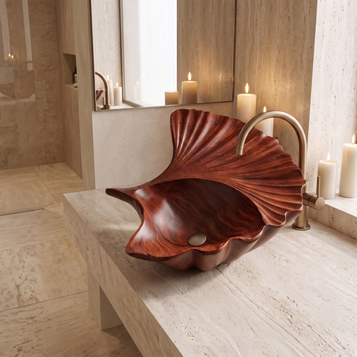 Aelarien Sculpted Fan Shell Handcrafted Vessel Sinks Mahogany - Timberustic Vessel Sinks