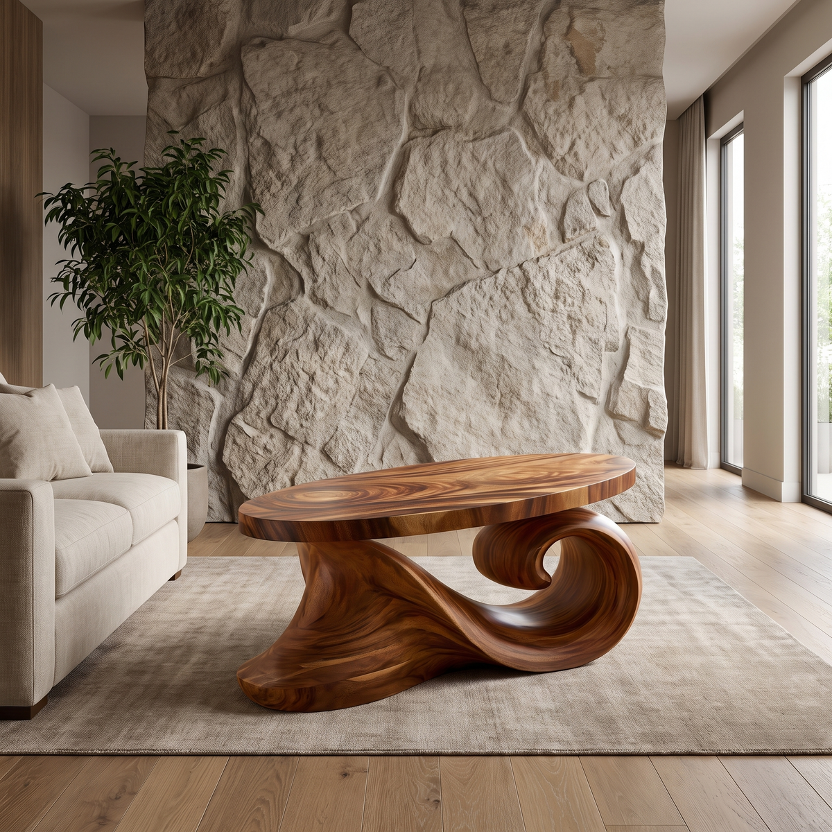 Aelavane Wave-Loop Sculpted Handcrafted Coffee Table by Timberustic — Brown finish