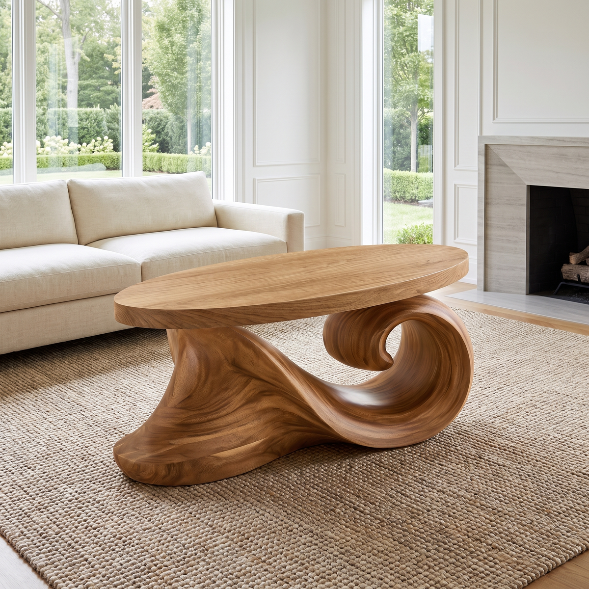 Aelavane Wave-Loop Sculpted Handcrafted Coffee Table by Timberustic — Natural Oak finish