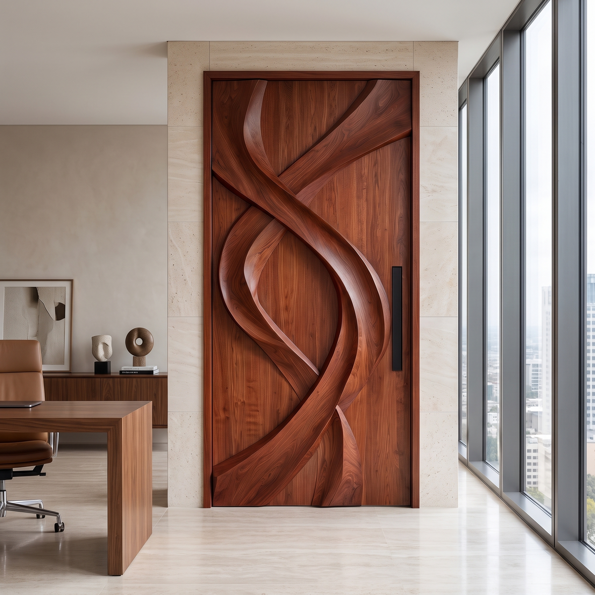 Aelawyn Twisting Ribbon Sculpted Handcrafted Door by Timberustic — Mahogany finish