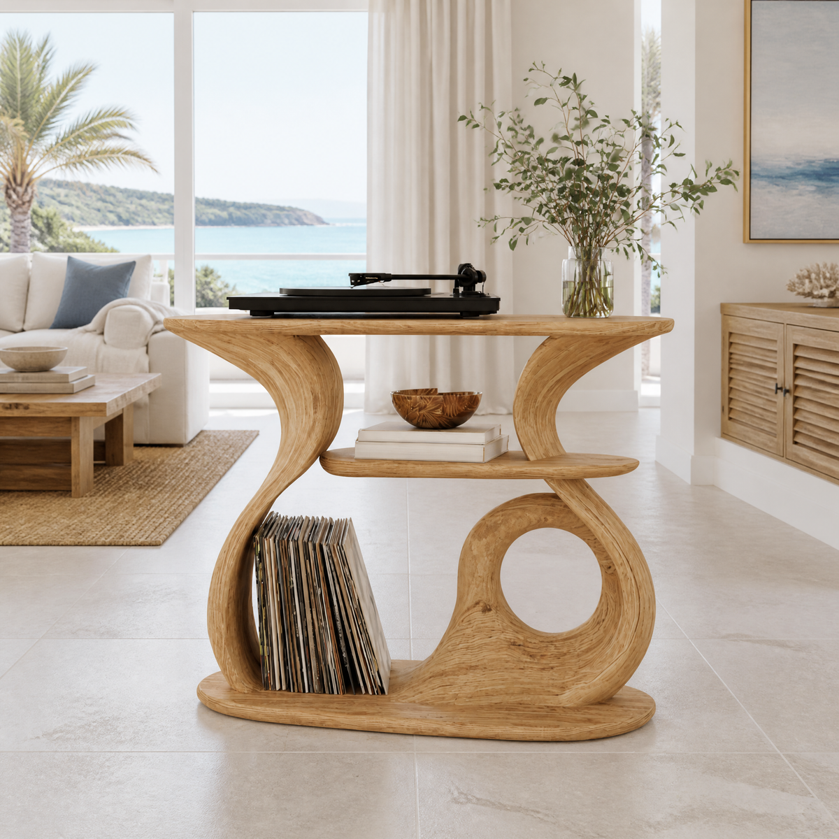 Aelelora Sculpted Curve Handcrafted Record Player Stand With Storage Natural Oak - Timberustic Record Player Stand With Storage