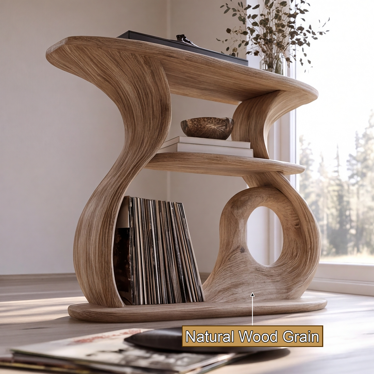 Aelelora Sculpted Curve Handcrafted Record Player Stand With Storage - Timberustic Record Player Stand With Storage
