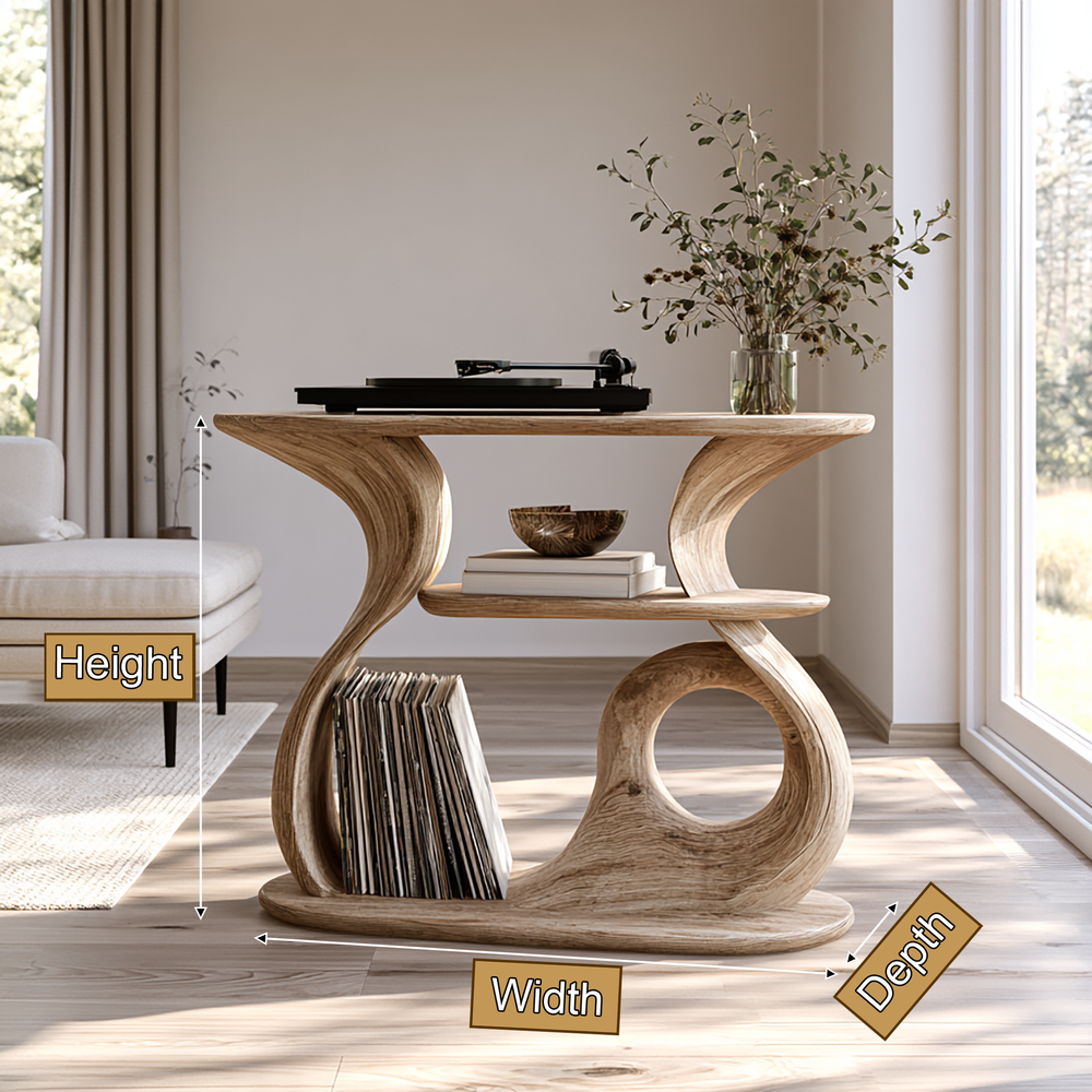 Aelelora Sculpted Curve Handcrafted Record Player Stand With Storage - Timberustic Record Player Stand With Storage