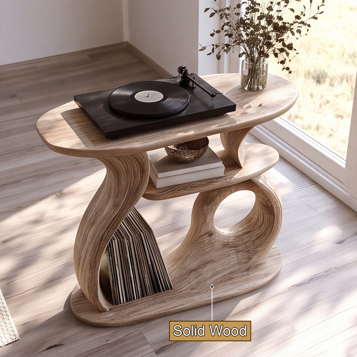 Aelelora Sculpted Curve Handcrafted Record Player Stand With Storage - Timberustic Record Player Stand With Storage