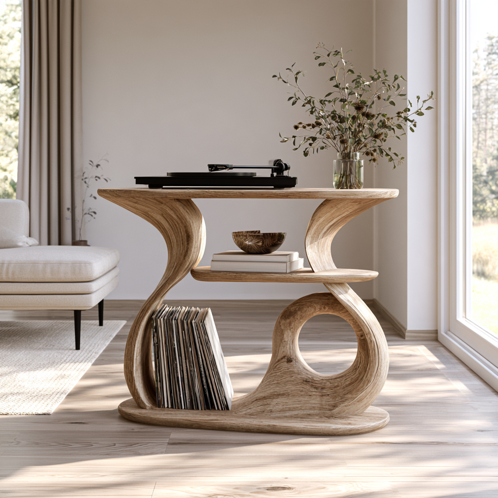 Aelelora Sculpted Curve Handcrafted Record Player Stand With Storage - Timberustic Record Player Stand With Storage