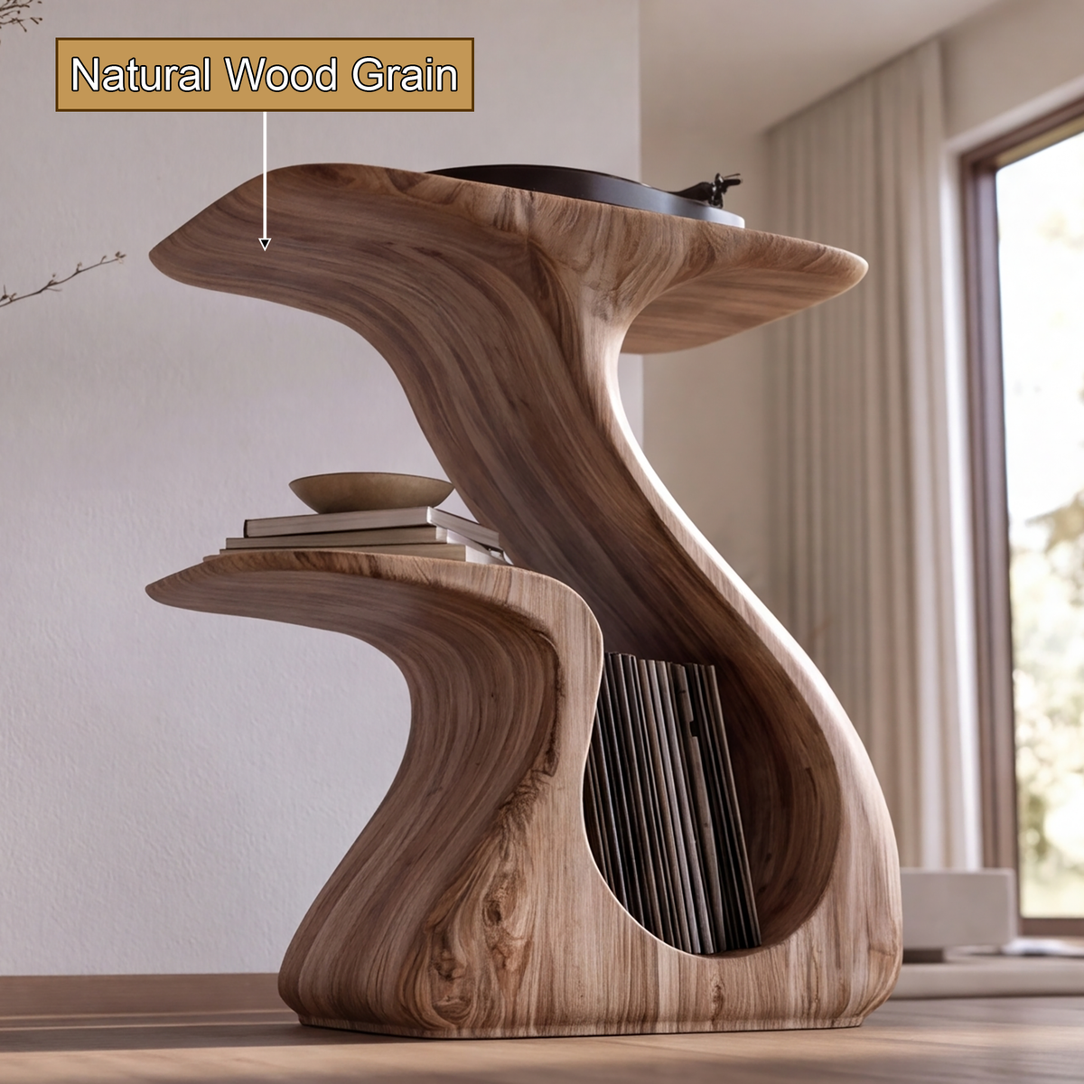 Aelerell Flowing Sculpted Handcrafted Record Player Stand With Storage - Timberustic Record Player Stand With Storage