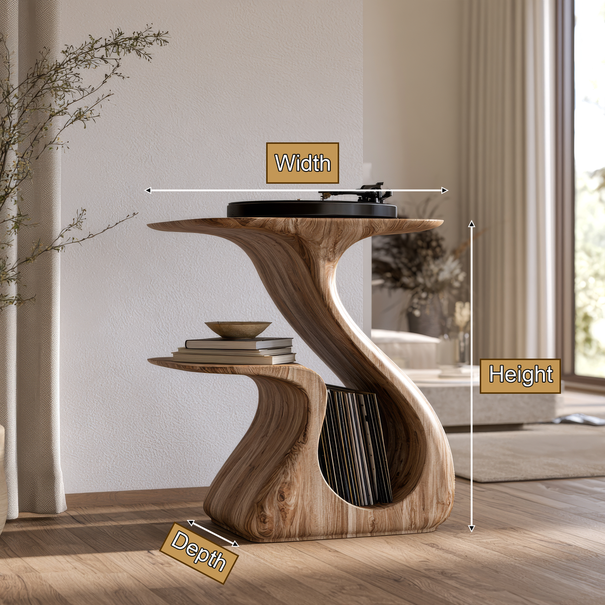 Aelerell Flowing Sculpted Handcrafted Record Player Stand With Storage - Timberustic Record Player Stand With Storage
