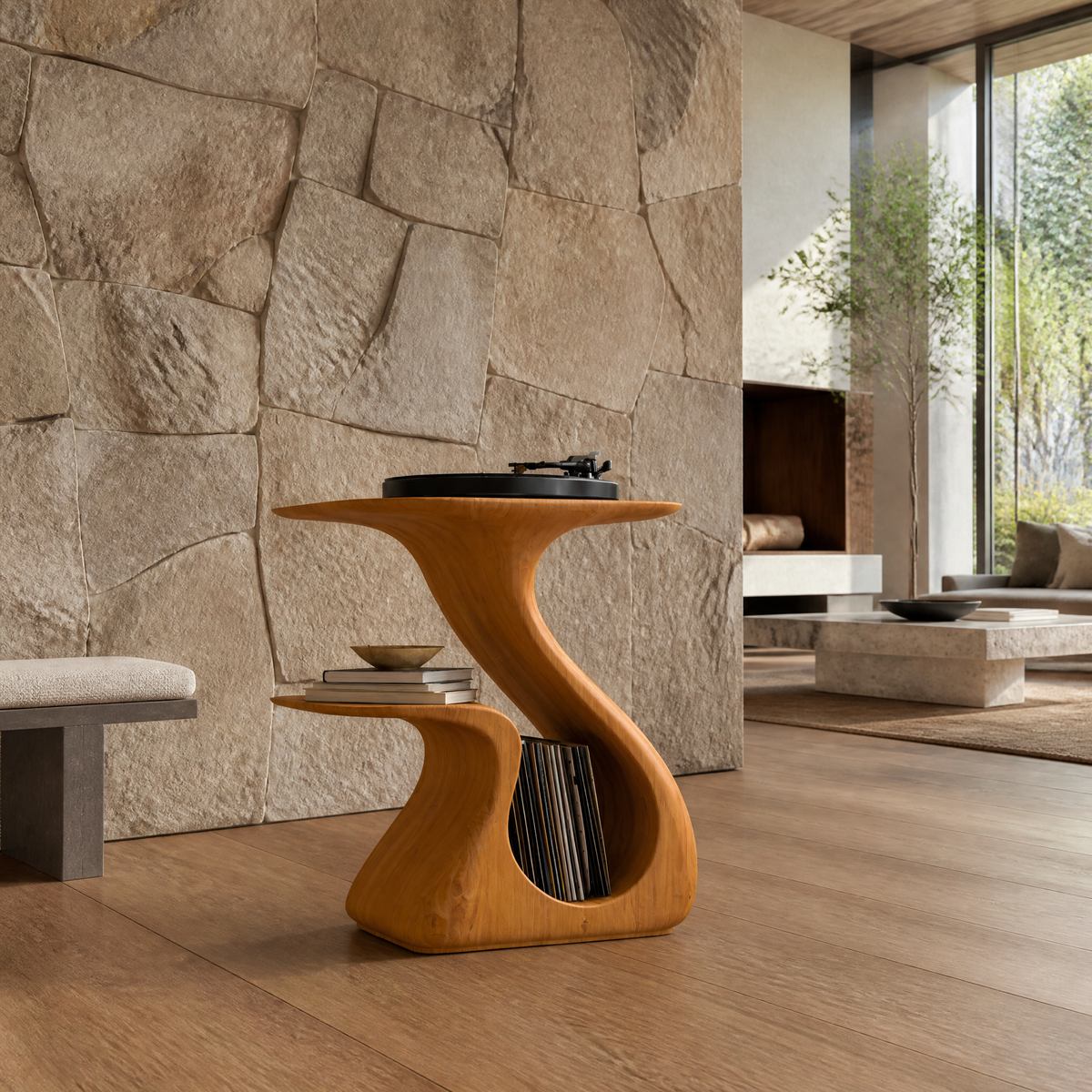 Aelerell Flowing Sculpted Handcrafted Record Player Stand With Storage Teak - Timberustic Record Player Stand With Storage