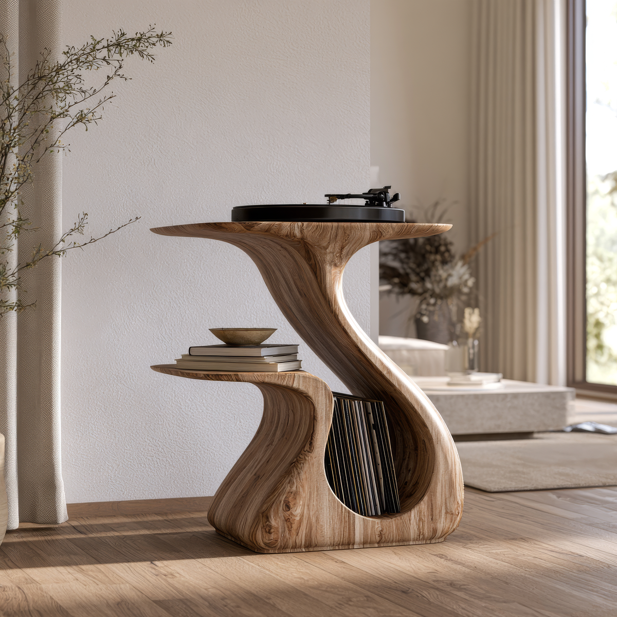 Aelerell Flowing Sculpted Handcrafted Record Player Stand With Storage - Timberustic Record Player Stand With Storage