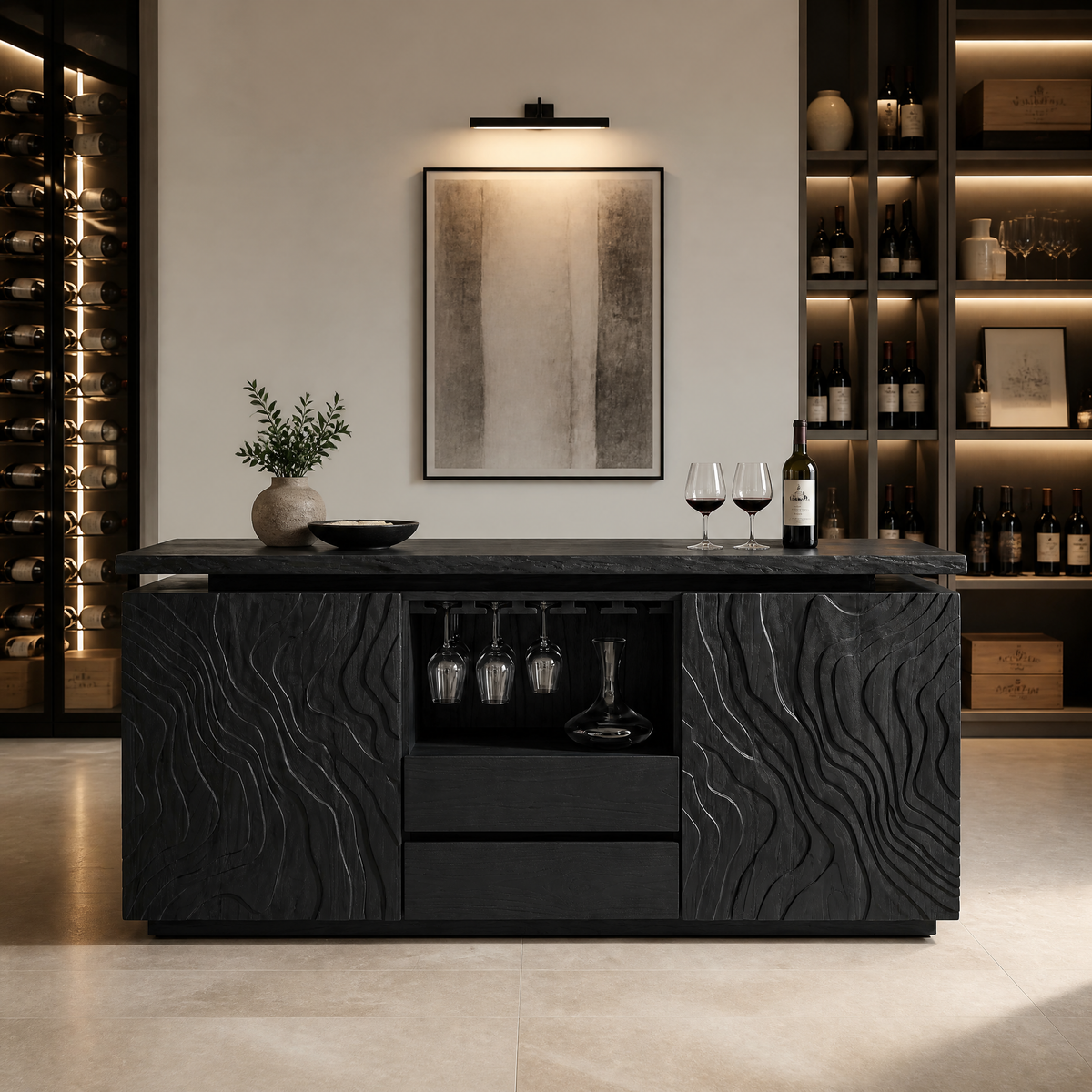 Aelewyn Relief-Front Wine Cabinet by Timberustic — Black finish