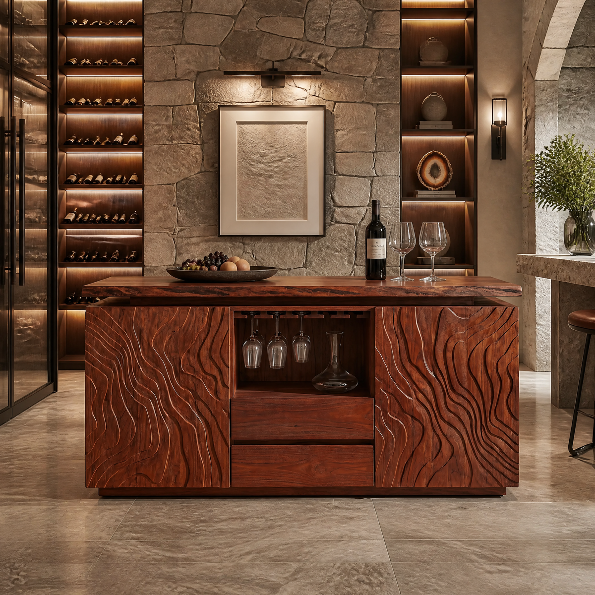 Aelewyn Relief-Front Wine Cabinet by Timberustic — Mahogany finish