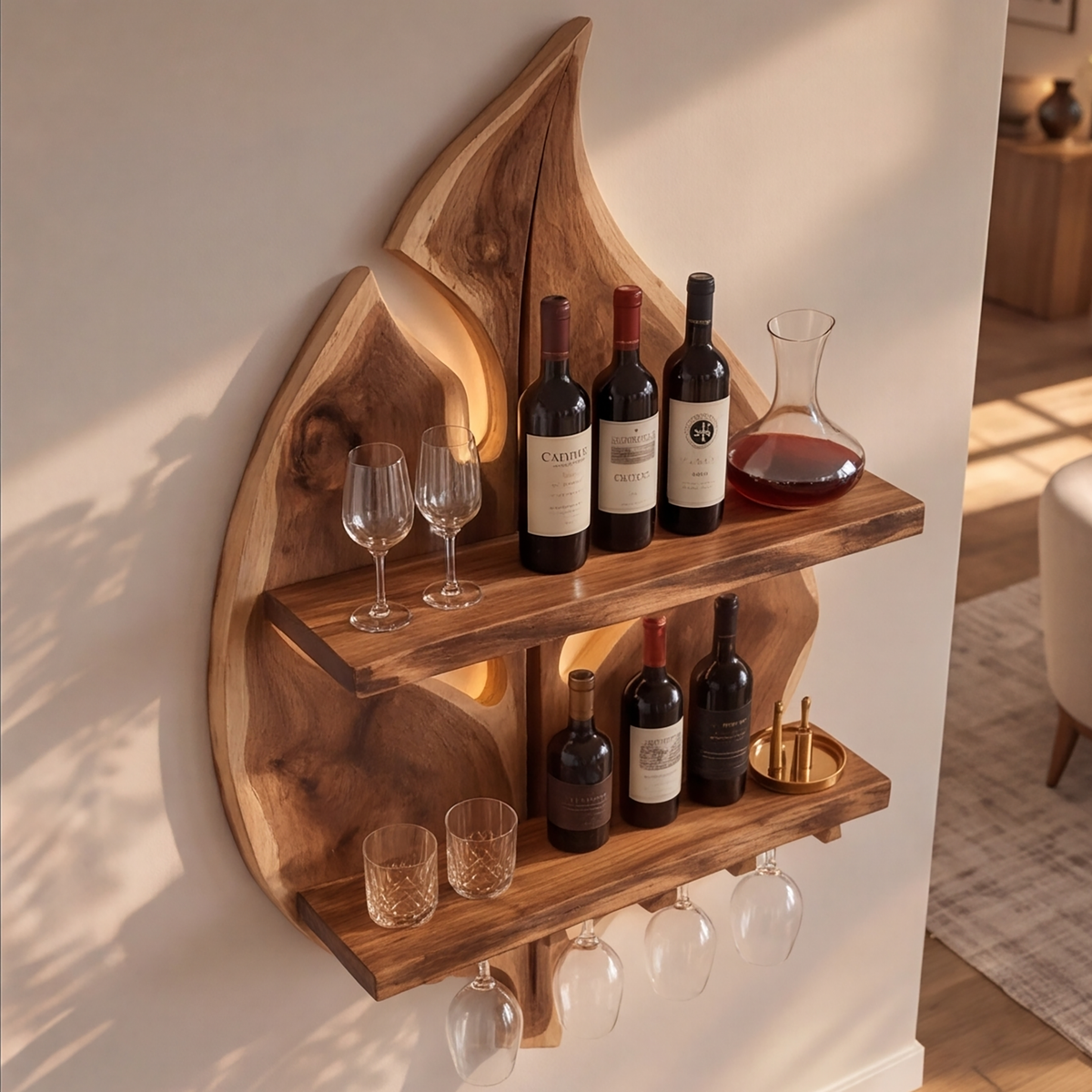 Aelidrin Leaf-Form Sculpted Handcrafted Floating Wine Shelf by Timberustic — product detail view 6